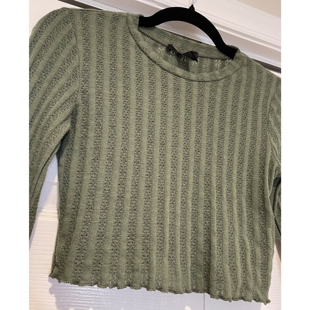 Vtg Y2K Forever21 Long Sleeve Pointelle Crop Top Size S Lettuce Hem Indie Grunge
